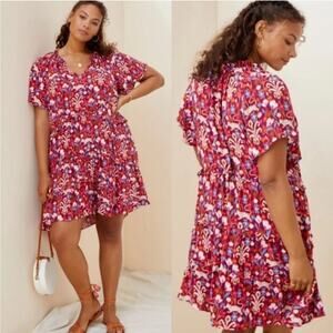 Anthropologie Dress Womens XS Red Multi Robin Tiered Flutter Bohemian Floral